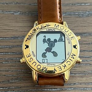 Vintage Lorus Dancing Musical Mickey Mouse Gold Tone Watch Brown Leather Strap